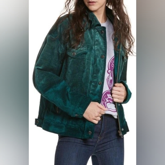 Free People Emerald Green Velvet Trucker Jacket with Silver Buttons Size Xs - Picture 1 of 16